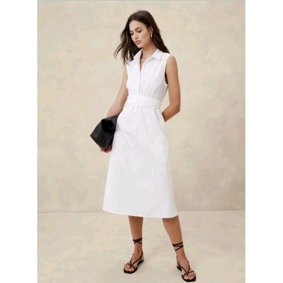 New Banana Republic Shirt Dress XS Tie Waist 100% Cotton Fit & Flare Midi White - Picture 1 of 12